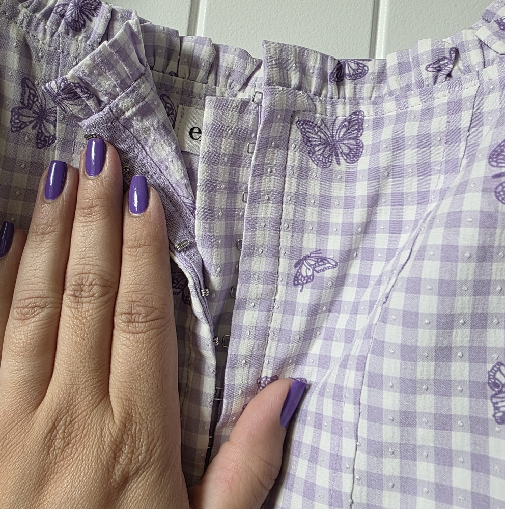 ELODIE Gingham Corset Cropped Top With Butterflis- Purple - XL - Picture 5 of 11